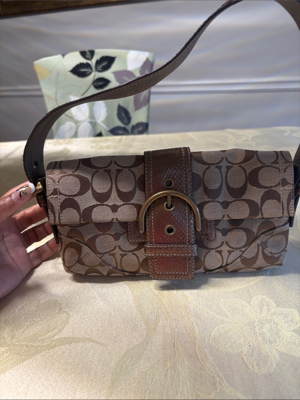 Coach Brown Soho Signature Canvas Shoulder Clutch with Buckle